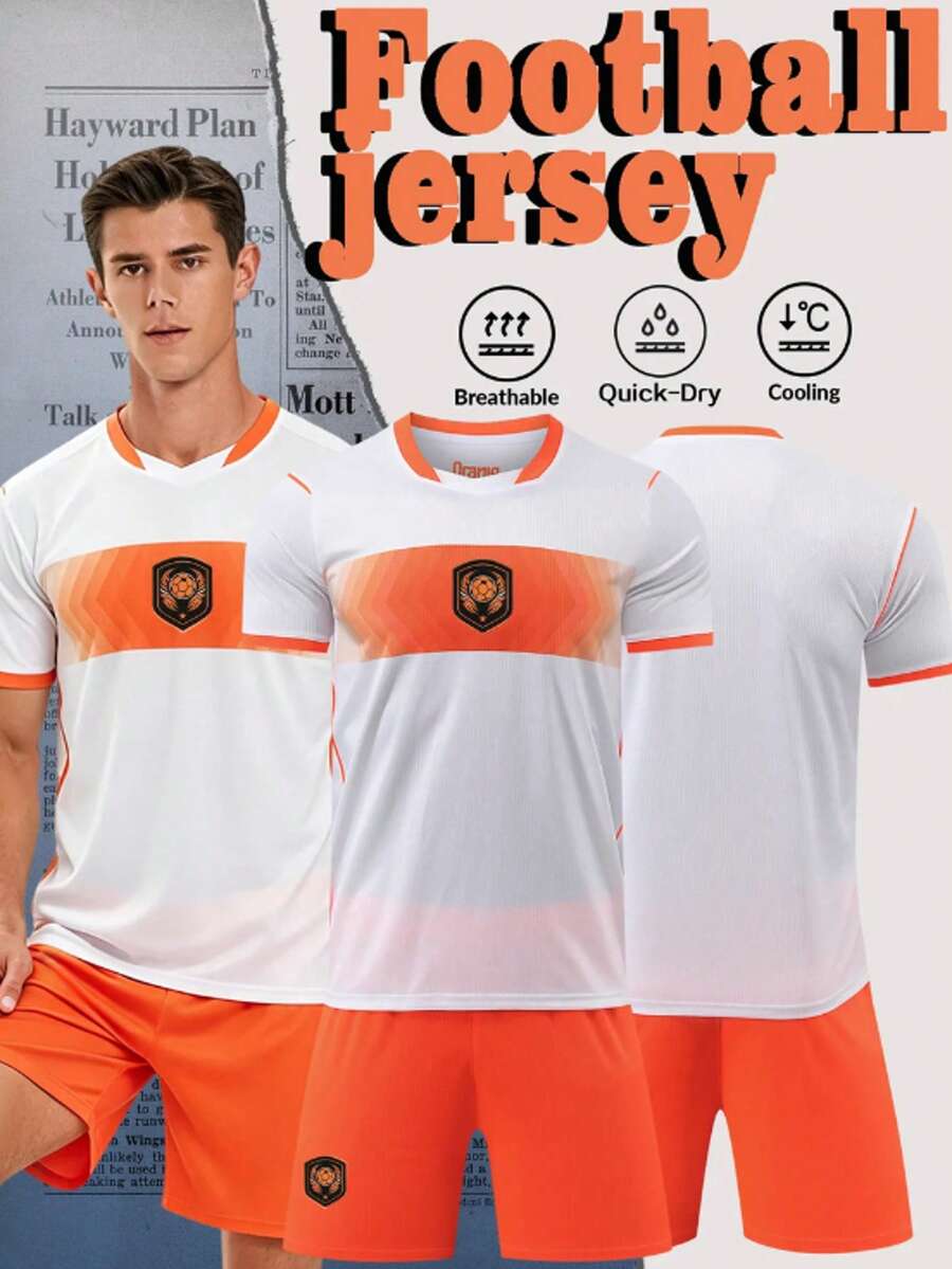 ODMYONO Men's Soccer Jersey Set, Crew Neck, Colorblock Geometric Pattern, Breathable & Comfortable, Fashion Outdoor Sports White - White - View 1