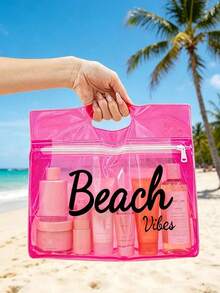 透明防水洗漱包，白色「Beach」字母與棕櫚樹 Logo，可收納洗髮精、乳液、化妝品等，時尚實用，適合旅行、通勤、學生與美妝愛好者，可用於旅行、健身、返校 - 彩色 - 查看 14