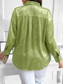 Blus Premium Wanita Ukuran Besar Elegan Lengan Panjang Berkerah dengan Motif Cetak, Cocok untuk Kencan dan Pakaian Sehari-hari, Atasan Musim Gugur - Hijau - View 2