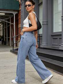 Pantalones vaqueros rectos elásticos para mujer, cómodos y holgados, confeccionados en tejido vaquero resistente, adecuados para estilos informales y urbanos. - 2039 azul - Ver 5