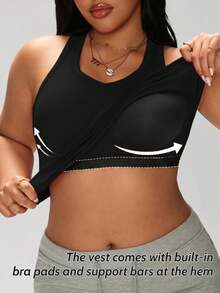 1pc Plus Size 2-In-1 Tank Top With Built-In Cup Pads, Racerback Camisole Undershirt, Casual Spaghetti Strap Tank Top For Women, Spring Summer Autumn Winter - Black - View 5