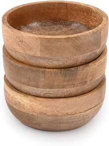 Cuencos redondos de madera, juego de 3, medidas 12,7 cm * 5,08 cm, fáciles de limpiar, ideales para servir dips, salsas, frutos secos, aperitivos y postres, adecuados como accesorio decorativo para la cocina y cenas especiales - Marrón - Ver 8