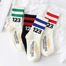 2 Pairs Number 123 Men's White Basketball Sports Socks, Mid-Calf Socks For Autumn/Winter, Women's (Random Color) - Crew Socks - View 1