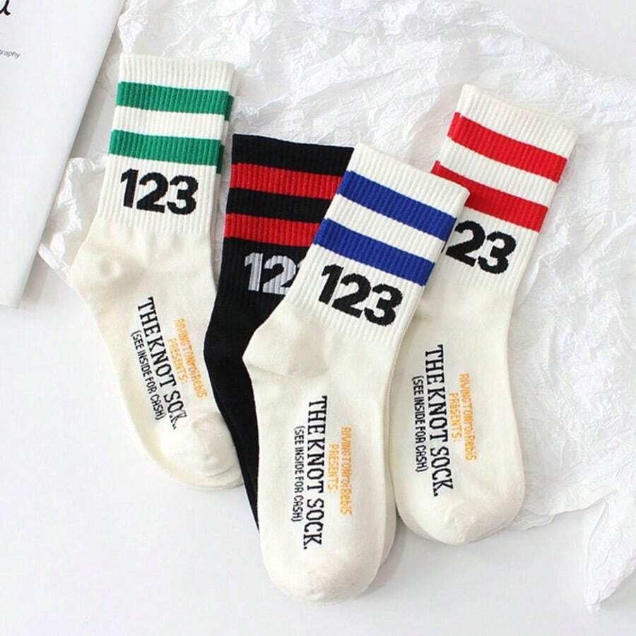 2 Pairs Number 123 Men's White Basketball Sports Socks, Mid-Calf Socks For Autumn/Winter, Women's (Random Color) - Crew Socks - View 1