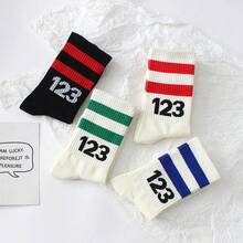 2 Pairs Number 123 Men's White Basketball Sports Socks, Mid-Calf Socks For Autumn/Winter, Women's (Random Color) - Crew Socks - View 3