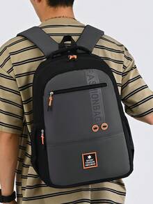 Unisex Backpack, Black & Grey Contrast Color Sports Star Logo Daily Use Bag, Multiple Front Zipper Pockets, Suitable For School, Gym, Daily Commute - Multicolor - View 9