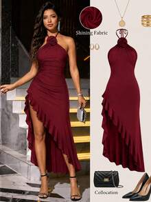 Women's Sexy Halter Backless Split Ruffle Hem Bodycon Dress Elegant Summer - Burgundy - View 1