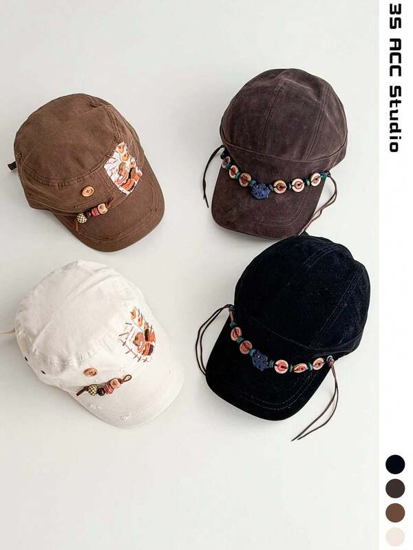 Brown Vintage Wooden Button Beaded Baseball Cap Unisex Vacation Travel Versatile Face-Slimming Baseball Cap Hunter Hat Autumn Vibe Vintage Patchwork Button Baseball Cap Women Spring Summer Niche Artistic Versatile Hat Vintage Black Beaded Decor Baseball Cap Women Fashion Personalized Streetwear Hat Versatile Baseball Cap