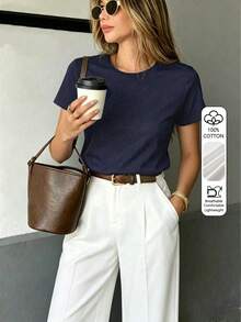 Kaos Wanita Modis dan Elegan Warna Polos - , Kasual Musim Panas - Navy Blue - View 3