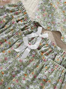 Women's 3-Piece Pajama Set, Romantic Ditsy Floral Print, Patch Pocket, Front Button, Lapel Collar, Short Sleeve Top, Shorts And Long Pants, Autumn/Summer Loungewear Set - Multicolor - View 6