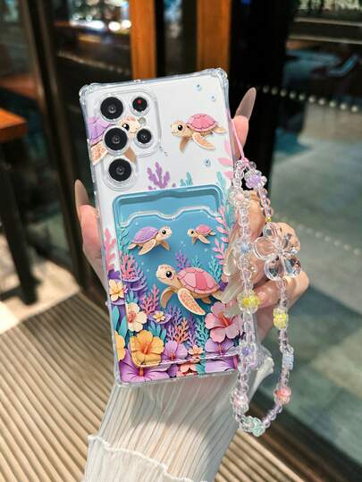 Turtle Painted Transparent Four-Corner Card Holder Multi-Function Wallet With Wrist Strap Thick Anti-Drop Phone Protective Case Compatible With Ip 17/Ip 17pro/Ip 17promax/ IP16/11/16pro/16plus/16promax/16e/15Promax/13/14/12/XS/XR/7G/8P, Compatible With Samsung Galaxy S25/S25PLUS/S25 Ultra/A16/A36/A26/A56/A50/A12/A32/A52/A72/A51/A21S/A13/A14/S24/S24PLUS/S24Ultra/S20/S23/S22/A53/S20FE/S21/,Compatible With Xiaomi 11/12Pro/12/12X/13Pro/14Pro/15Pro