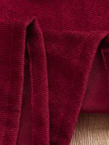 Tween Girls Christmas & Halloween Elegant Burgundy Corduroy Half-Button Cinched Waist Long Sleeve Dress With Contrast White Embroidered Lace Peter Pan Collar, Autumn/Winter Holiday Party Single Piece - Red - View 9