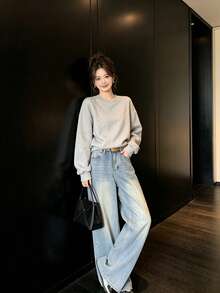Heavy Embellished Rhinestone High Waist Wide Leg Denim Jeans With Belt, Suitable For Campus, Office, Daily Wear In Spring And Autumn - Medium Wash - View 6