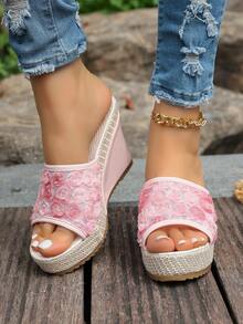 Women's Summer New Slip-On Wedge Platform Sandals, Thick Sole Mesh Floral Fabric, Lightweight Non-Slip High Heel Slouchy Slides - Pink - View 4