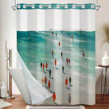 No Hook Shower Curtain With Snap In Liner, Abstract Coastal Art Print, Waterproof Fabric Bath Curtain With See Through Top, Modern Ocean Vibe Bathroom Decor, 71W X 74H - Beach Scene - View 1