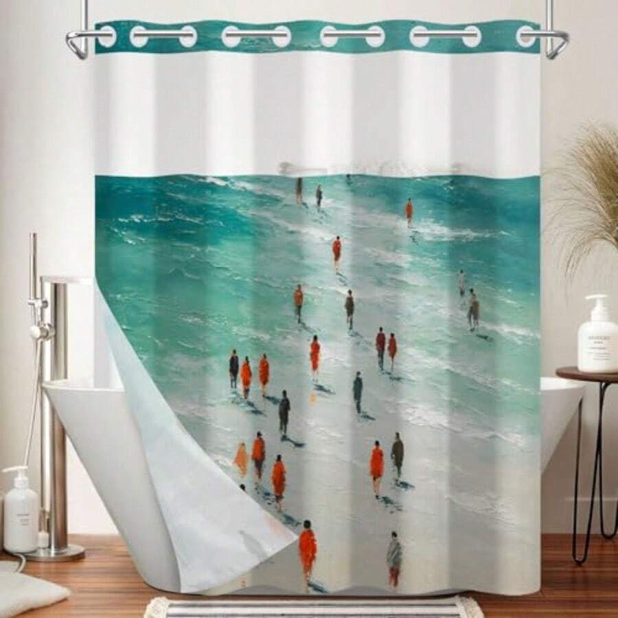 No Hook Shower Curtain With Snap In Liner, Abstract Coastal Art Print, Waterproof Fabric Bath Curtain With See Through Top, Modern Ocean Vibe Bathroom Decor, 71W X 74H - Beach Scene - View 1