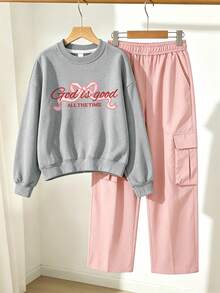 Street Sweet Style Utility Letter Print Crew Neck Sweatshirt + Casual Utility Pants, Women's Versatile Autumn/Winter Daily 2-Piece Set - Grey - View 2