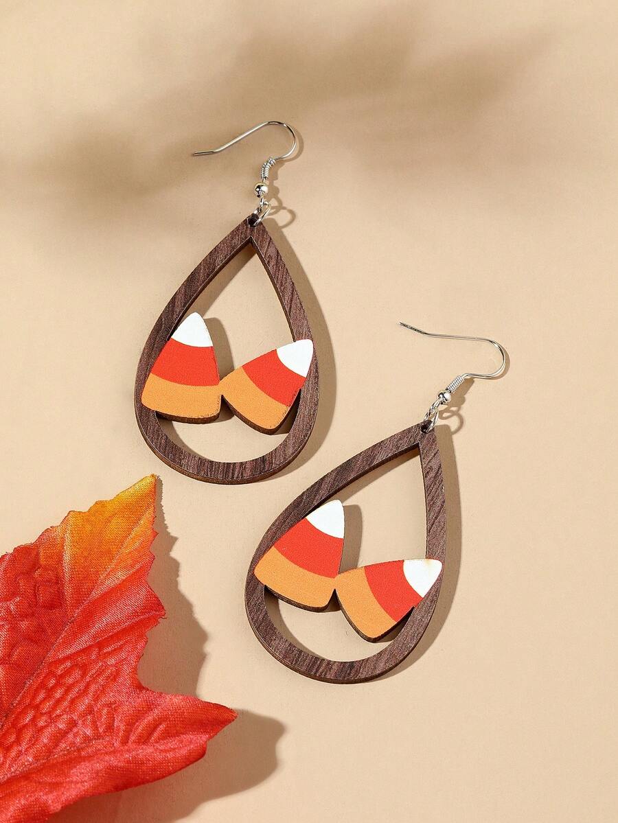 1 Paar niedliche Halloween-Holz-Ohrringe mit Süßigkeiten-Muster für Frauen und Mädchen, lustige Schmuckaccessoires für die Allerheiligen-Party - Verschiedenfarbig - Übersicht 1