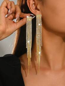 Luxury Sparkling Long Tassel Earrings, Suitable For Weddings, Bridesmaids, Wedding Guests, Parties, Banquets, Graduation Proms - 1935 Gold Earrings-hB - View 1