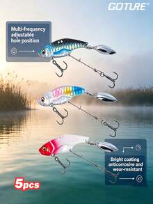 GOTURE 5pcs Long Tail Vibrating Lure, Laser Coating, Streamlined Design, Large Swing Action, 3 Hooks, Double Hook Configuration, Suitable For Sea Bass And Bass Fishing - Multicolor - View 1