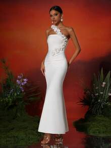 Love Aing Women's Elegant Romantic Pure White 3D Floral One-Shoulder Sleeveless Ruched A-Line Wedding Birthday Party Evening Mermaid Dress - White - View 5