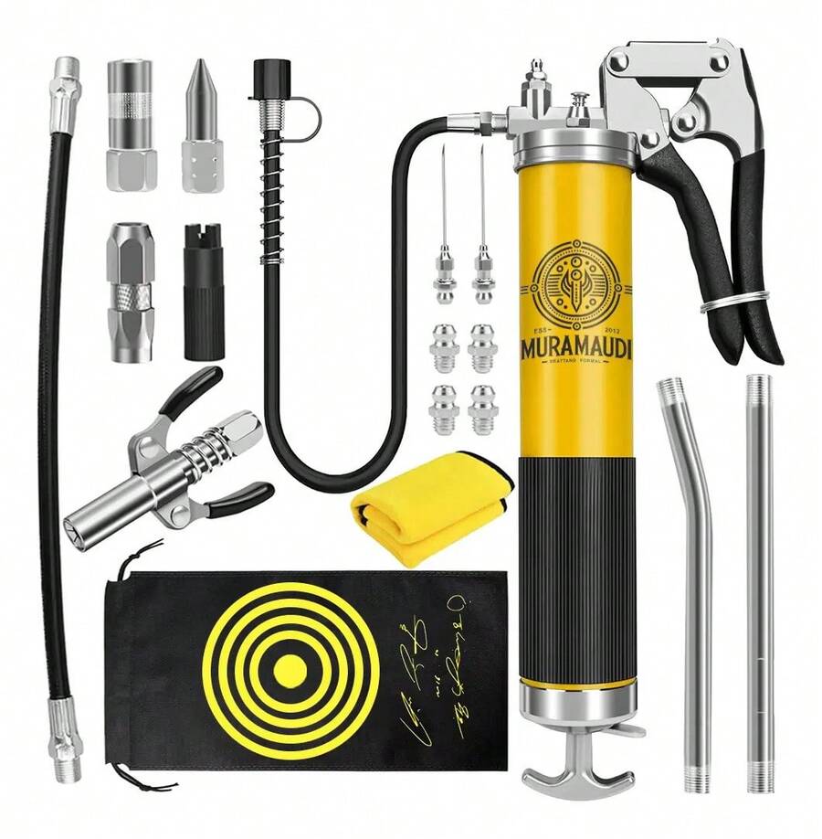 Pistola Engrasadora Neumática MURAMAUDI 7000 PSI Kit 18 Pzs con Manguera 45 cm