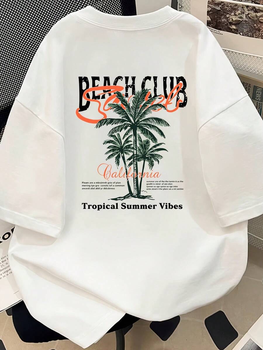 T-shirt casual da uomo 100% cotone a maniche corte con stampa grafica tropicale da beach club - T-shirt estiva a girocollo con motivo a palme e stile californiano - Bianco - Visualizzare 1
