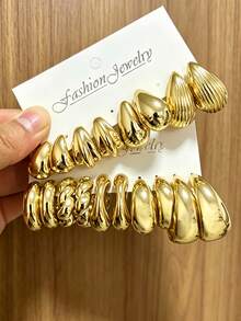 8pcs/18pcs Minimalist Elegant Premium Earring Collection, Metal Water Drop, Polished, Ribbed, Twisted, Versatile For All Face Shapes, Dating, Party, Daily Commute - Gold - View 7
