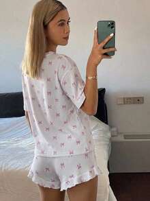 DAZY 两件套女士休闲睡衣套装，可爱蝴蝶结印花上衣，轻盈透气家居服套装，夏季 - 白色 - 查看 4