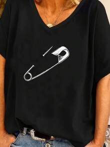 Autumn Outfit, Women's Plus Size V-Neck T-Shirt With Batwing Short Sleeves - Oversized Loose Fit Blouse, Fast Local Delivery - 黑色 - 查看 1