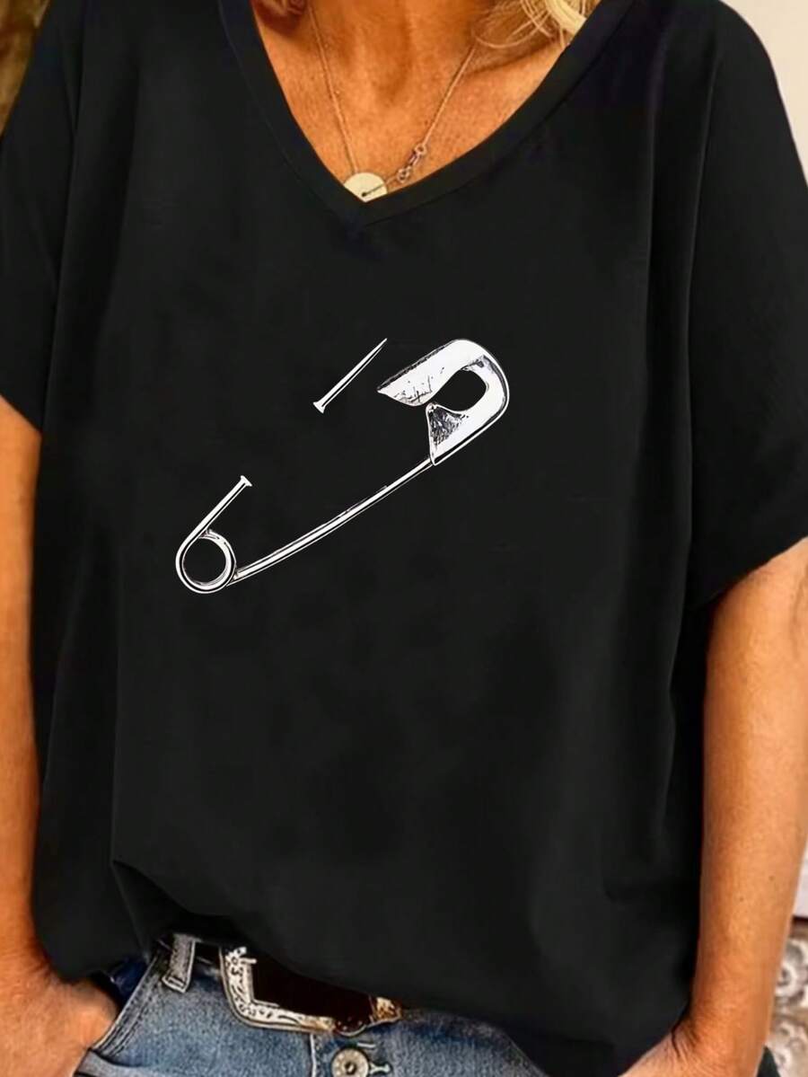 Autumn Outfit, Women's Plus Size V-Neck T-Shirt With Batwing Short Sleeves - Oversized Loose Fit Blouse, Fast Local Delivery - 黑色 - 查看 1
