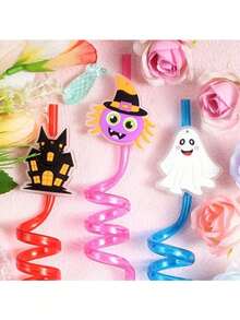 2pcs/Set Shiny Halloween Theme Straws, Made Of Durable And Reusable PET Material, Designed With Bat, Skull, Pumpkin And Witch Spider Patterns. Perfect For Birthday Parties And Spooky Halloween Party Gifts. - Multicolor - View 6
