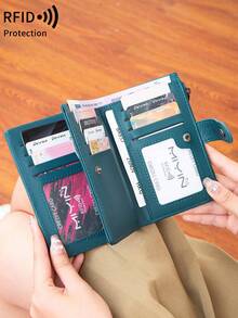 MIYIN Vintage RFID Blocking Multi-Function Multi-Slot Short Wallet With Zipper And ID Window, Suitable For Carrying Credit Cards, Cash, Letters, Etc., Vintage Casual Style, Can Hold Coins, Credit Cards, ID, Cash, Letters, Etc. Tri-Fold Design, Zipper Wallet, Christmas Gift, Thanksgiving Gift, Birthday Gift, Anniversary Gift, Men's Wallet, Handbag, Long Wallet - Teal Blue - View 8