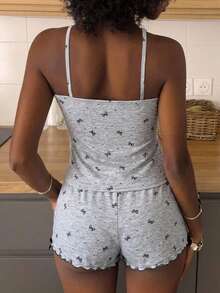 DAZY Women's Comfortable Bow Print Contrast Lace Camisole And Shorts Pajama Set, Summer - Grey - View 4
