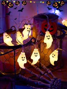 1pc Halloween Ghost Face String Lights, Battery Operated, Smiling Ghost LED Lights, Halloween Decoration, Holiday Party Indoor Wall Decor Lights, Create Spooky Atmosphere - Ghost - View 10
