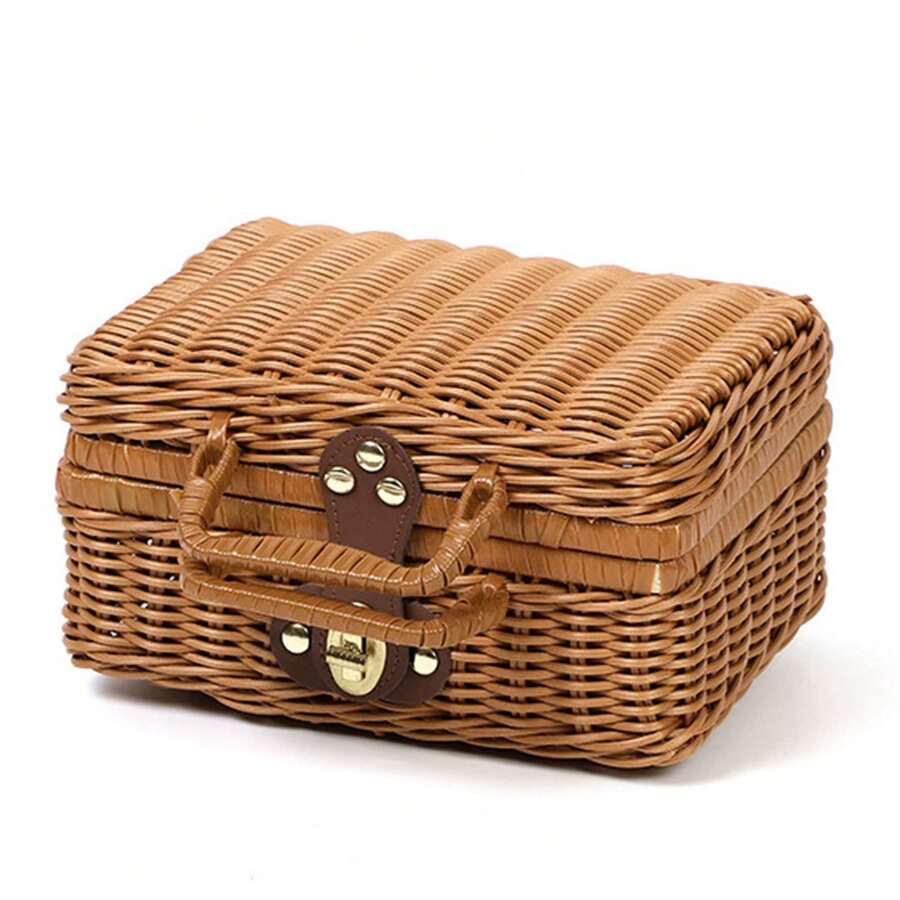 Woven Picnic Basket Handbag, Woven Storage Box With Handle, Wicker Lunch Box With Shoulder Strap And Metal Lock, Vintage Handbag Prop Box, Suitable For Travel, Camping, Picnic, Outdoor, Small - Brown - View 1