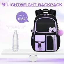 3pcs Colorblock Bow Decor With Plush Ball Pendant Large Capacity Backpack Set, Campus Style - Sets - View 6