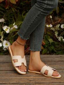 Women's H-Strap Flat Sandals, Square Toe Non-Slip Casual Slippers, Summer Beach Vacation Essential, Western Wedding Style, Solid Color Bohemian - Beige - View 3