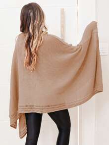 GIP Women's Mousse Knit Poncho, Solid Color, High Neck With Button, Winter Wool Coat - 卡其色 - 查看 2