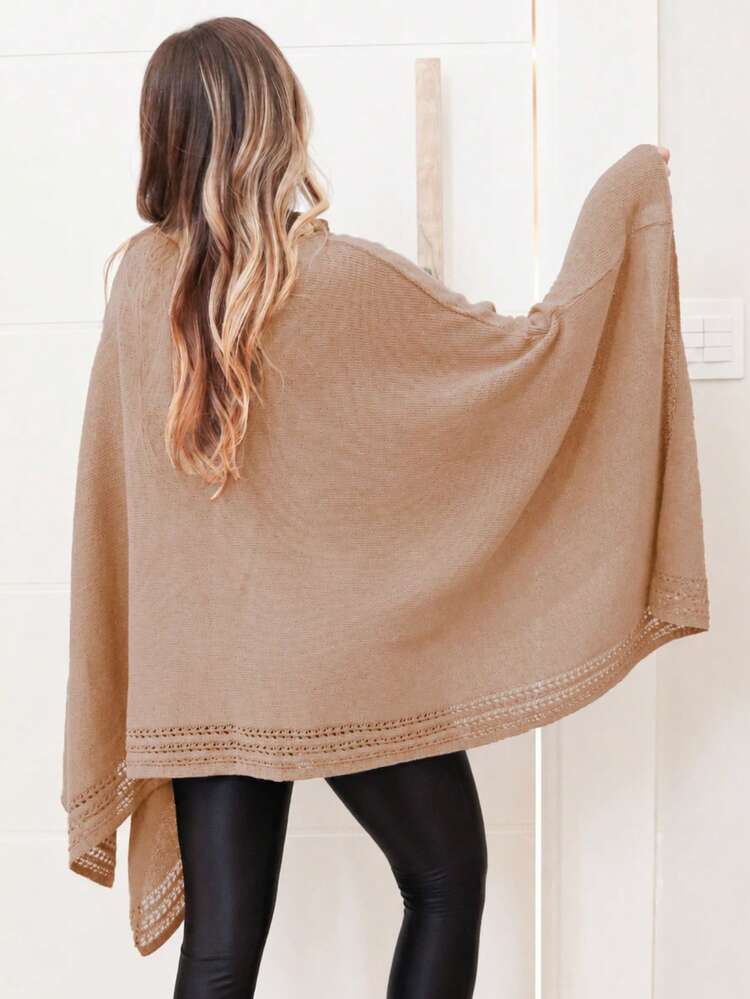 GIP Women's Mousse Knit Poncho, Solid Color, High Neck With Button, Winter Wool Coat - Khaki - View 2