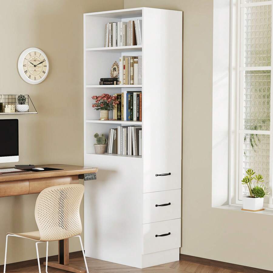 =N880P3183334W 180cmhohes, Extra Narrow Bookcase With Side Drawers - Adjustable Shelves, Interchangeable Left And Right, Suitable For Small Spaces - Bookcase, Living Room - Tall Cabinet - White - View 1