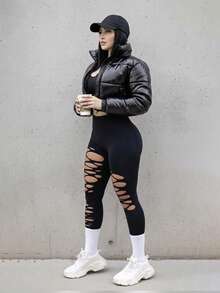 Distressed Long Pants, Tight Yoga Pants, Waist Shaping And Hip Lifting - Black - View 3