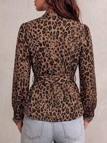 Women's New Leopard Print Waist Knot Casual Versatile Daily Long Sleeve Blouse Shirt Elegant Casual Date Party Gathering Brown - Brown - View 3
