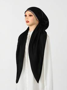 1PC Women's Convenient Headscarf Hat, Solid Color Rhinestone Satin Elastic Headscarf, Easy To Wear - Black - View 9