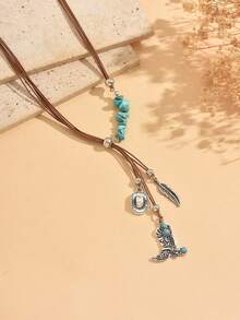 1pc Western Cowboy Style Asymmetrical Blue Stone Pendant Y-Shaped Necklace With Cowboy Boots And Cowboy Hat, Fashionable Women's Neck Jewelry Suitable For Summer Vacation, Beach Party, Music Festival Wear, Stone Shape, Size And Quantity Are Random And Not Fixed - Multicolor - View 3