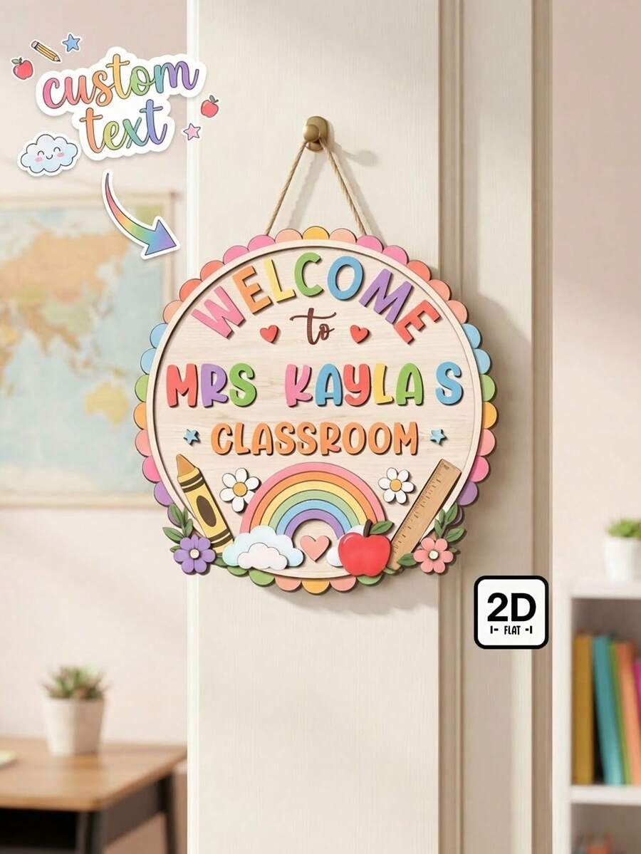 1pc Customized Fan-Shaped Wooden Teacher Name Sign, Personalized Rainbow Floral Welcome Plaque, Back To School Teacher Appreciation Gift, Classroom Welcome Wall Decor, New Teacher Welcome Gift - Multicolor - View 1