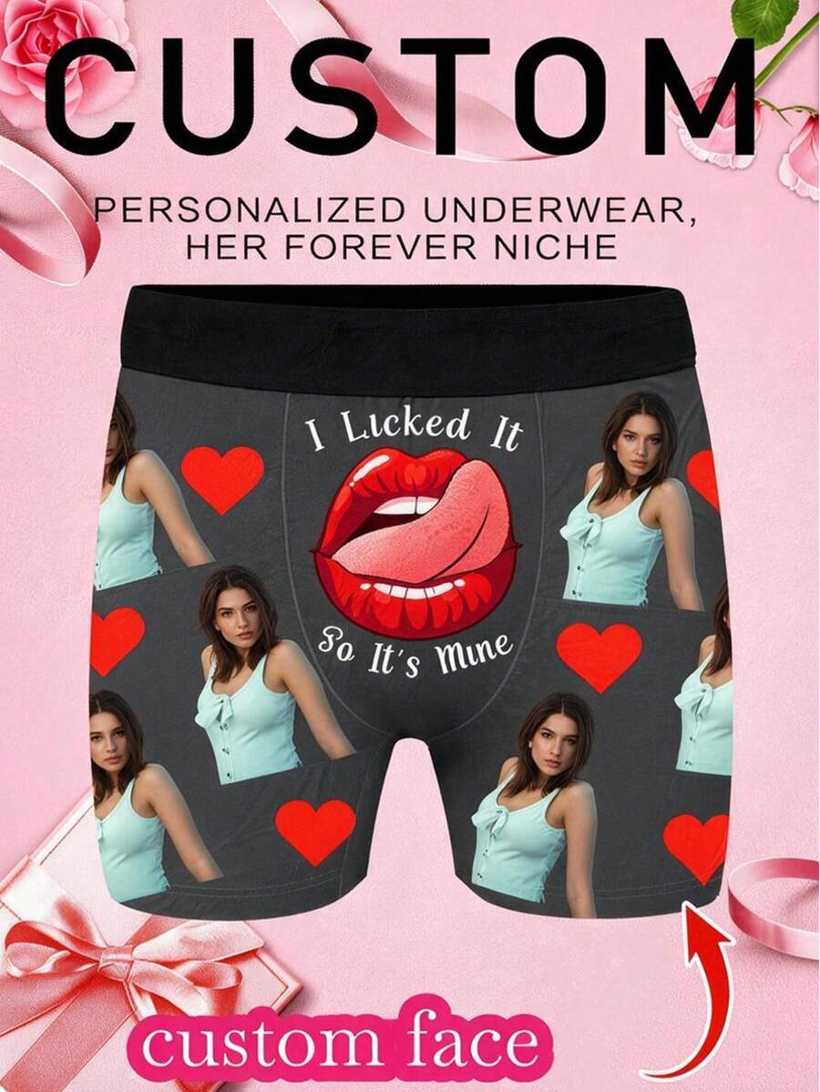 1pc Customizable Men's Boxer Briefs, Black Shorts, Comfortable Breathable Printed Boxer Briefs, Perfect Gift For Husband And Girlfriend On Valentine's Day/Birthday - Grey - View 1