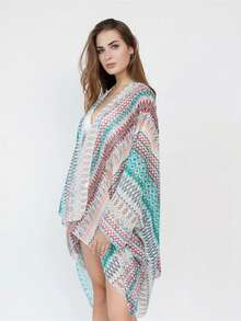 Kimono Pelindung Matahari untuk Penutup Bikini Pantai dengan Motif Geometris - MultiWarna - View 5