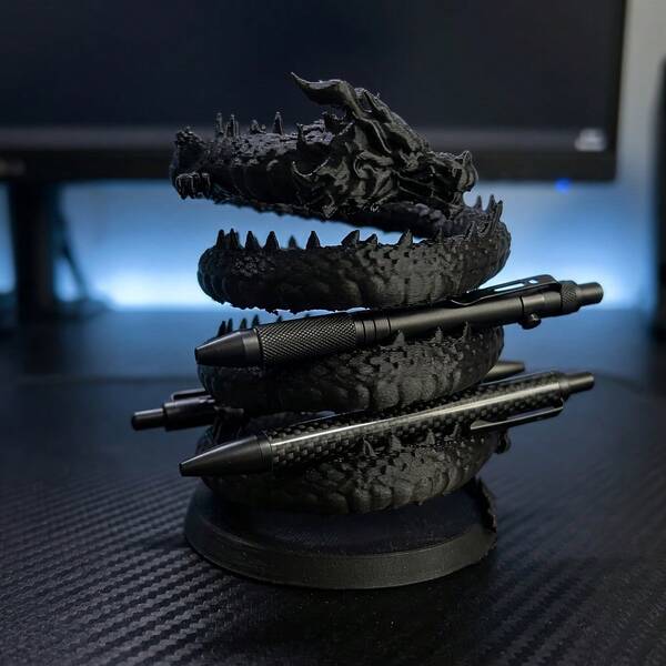 [1pc] Creative 3D Printed Dragon Figurine, Cool Desktop Organizer Pen Holder For Gaming Streamer Room, Black Spiral Dragon Makeup Brush Tool Rack, Realistic Dragon Scale Craft, Bookshelf Desk Decor
