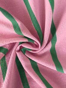 Plus Size Pink & Green Vertical Striped Button-Down Shirt, Women's Lapel Collar Long Sleeve Pocket Loose Casual Blouse - Pink - View 7